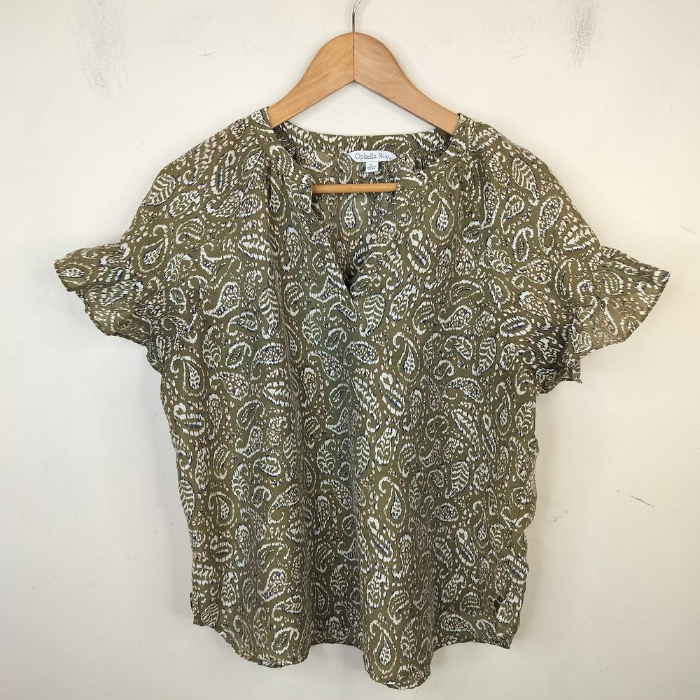 Ophelia Roe Blouse Women Large Ruffle Sleeve Paisley Boho Green
